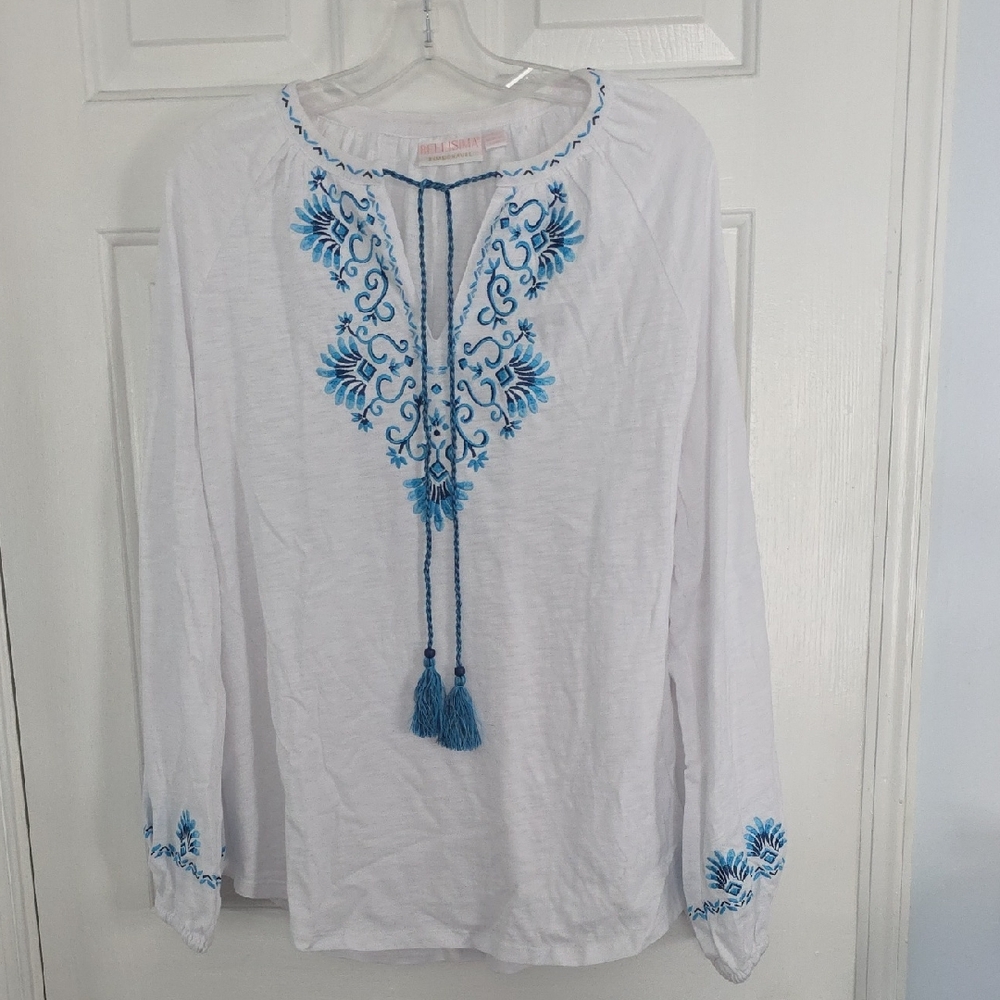 Belle by Kim Gravel Bellisima Embroidered White Top with Blue Accents